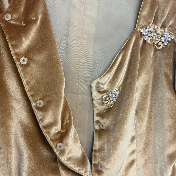 Women’s Gold 2-Piece Velvet Jacket and Skirt Set W/Brooch-Like Embellishments - Picture 8 of 10